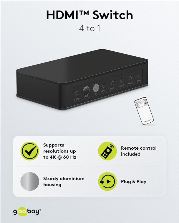 GOOBAY HDMI switch 58489, 4-in σε 1-out, 4K/60Hz, μαύρο - Image 3