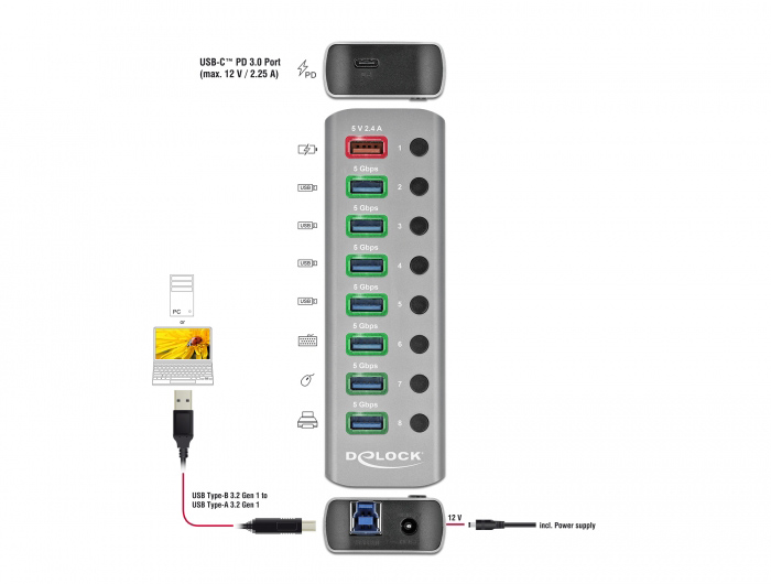 DELOCK USB hub 63264 με διακόπτες, 9x θυρών, 5Gbps, 12V/2.25A PD, γκρι - Image 2