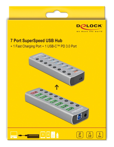 DELOCK USB hub 63264 με διακόπτες, 9x θυρών, 5Gbps, 12V/2.25A PD, γκρι - Image 3