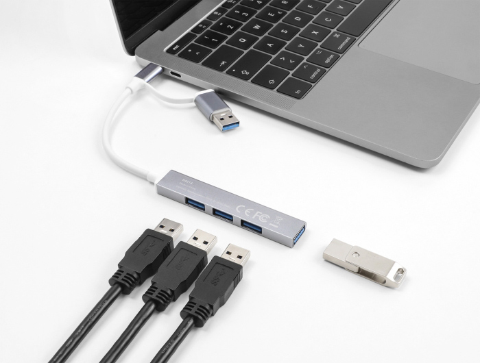 DELOCK USB hub 64214, 4x θυρών, 5Gbps, USB & USB-C σύνδεση, γκρι - Image 2