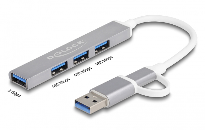 DELOCK USB hub 64214, 4x θυρών, 5Gbps, USB & USB-C σύνδεση, γκρι - Image 3