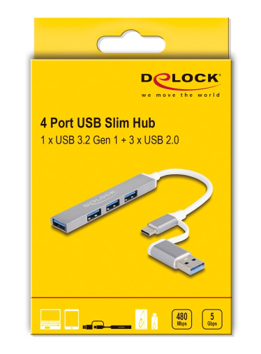 DELOCK USB hub 64214, 4x θυρών, 5Gbps, USB & USB-C σύνδεση, γκρι - Image 4