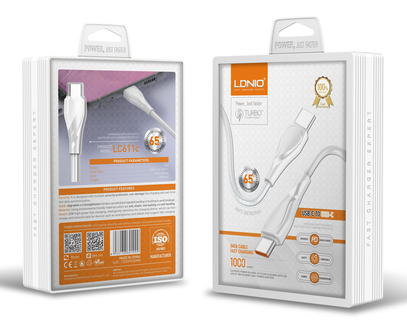 LDNIO καλώδιο USB-C σε USB-C LC611C, 65W PD, 1m, λευκό - Image 5