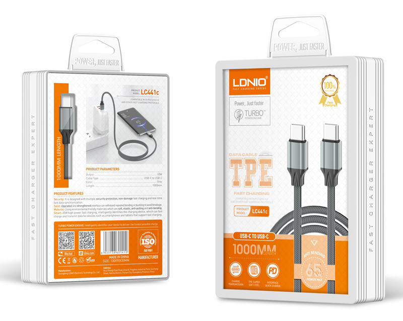 LDNIO καλώδιο USB-C σε USB-C LC441C, 65W PD, 1m, γκρι - Image 5