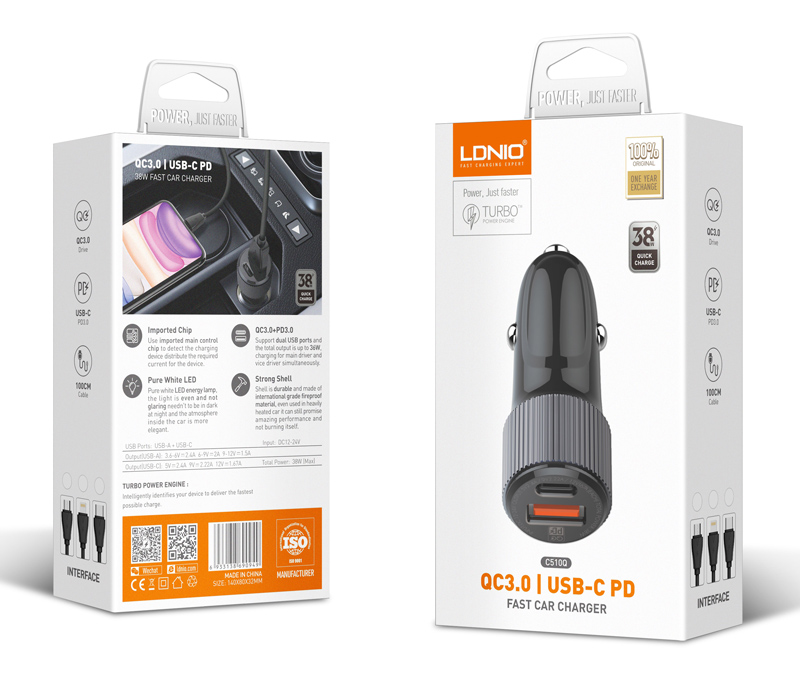 LDNIO φορτιστής αυτοκινήτου C510Q με καλώδιο, USB & USB-C, 38W, μαύρος - Image 5