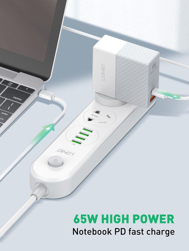 LDNIO φορτιστής τοίχου A2620C με καλώδιο, USB & USB-C, 65W PD, λευκός - Image 2