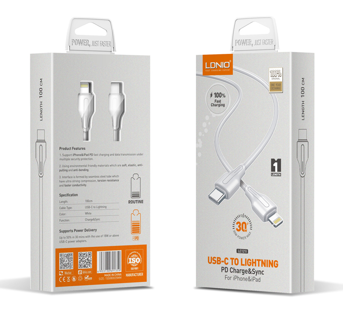 LDNIO καλώδιο Lightning σε USB-C LC121I, 30W PD, 1m, λευκό - Image 5