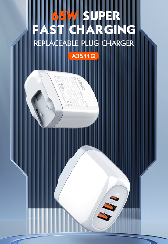 LDNIO φορτιστής τοίχου A3511Q με καλώδιο, USB-C/2x USB, 65W, GaN, λευκός - Image 3