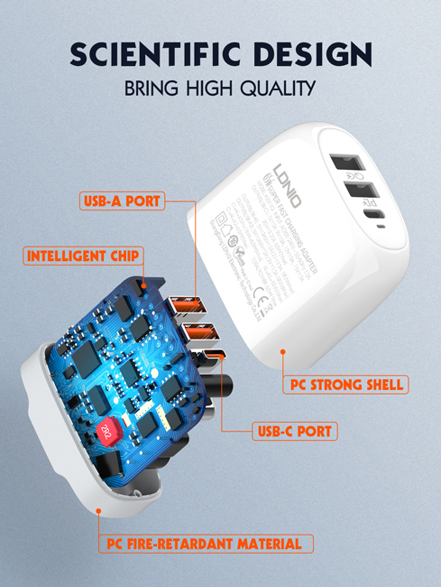 LDNIO φορτιστής τοίχου A3511Q με καλώδιο, USB-C/2x USB, 65W, GaN, λευκός - Image 5