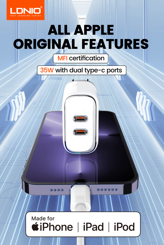 LDNIO φορτιστής τοίχου A2528M με καλώδιο, 2x USB-C, 35W, MFi, λευκό - Image 2