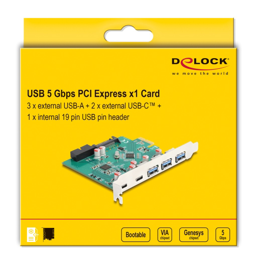 DELOCK κάρτα επέκτασης PCI x1 σε 3x USB/2x USB-C/19-pin 90109, 5Gbps - Image 4