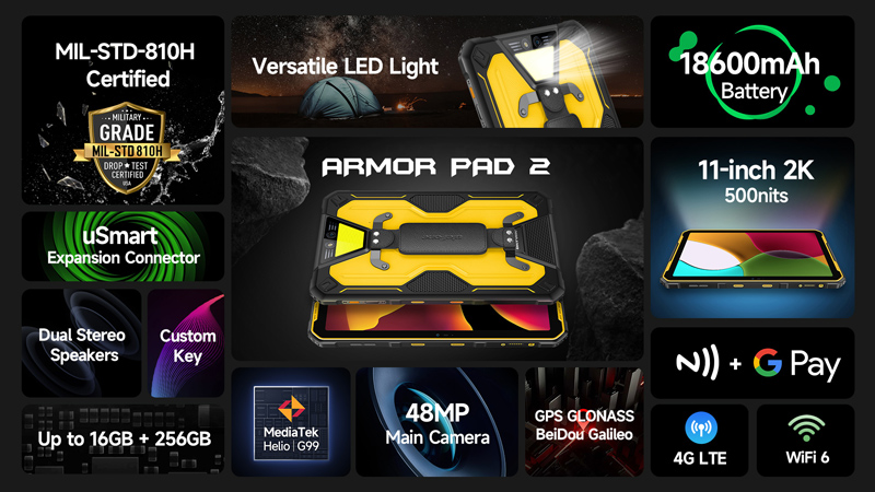 ULEFONE tablet Armor Pad 2, 11" 8/256GB, 18600mAh, IP68/IP69K, 4G, μαύρο - Image 2