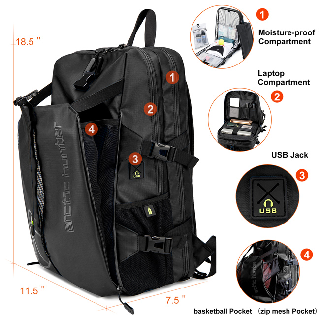 ARCTIC HUNTER τσάντα πλάτης B00391 με θήκη μπάλας & laptop, 26L, μαύρη - Image 5