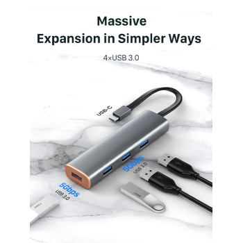 CABLETIME USB hub CT-HUBP4, 4x θυρών, 5Gbps, USB-C σύνδεση, γκρι