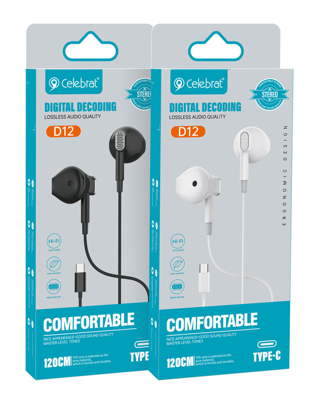 CELEBRAT earphones με μικρόφωνο D12, USB-C, 1.2m, λευκά - Image 4