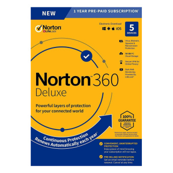 NORTON Antivirus 360 Deluxe ESD, 5 συσκευές, 50GB cloud, 1 έτος