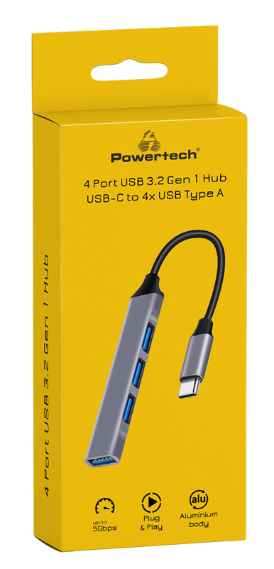 POWERTECH USB hub PT-1113, 4x θυρών, 5Gbps, USB-C σύνδεση, γκρι - Image 2