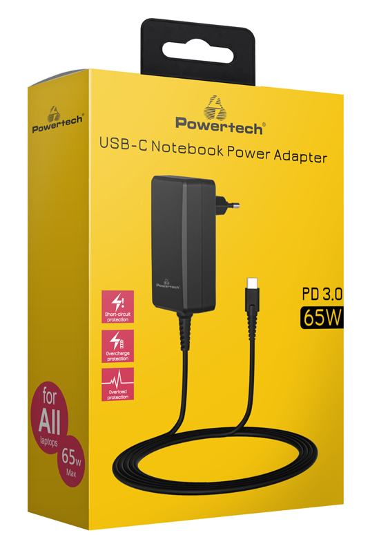 POWERTECH τροφοδοτικό laptop PT-1156, USB-C PD, universal, 65W, μαύρο - Image 2