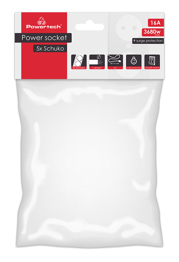 POWERTECH πολύπριζο ασφαλείας PT-883, 5x schuko, 16A, 3m, μαύρο - Image 2