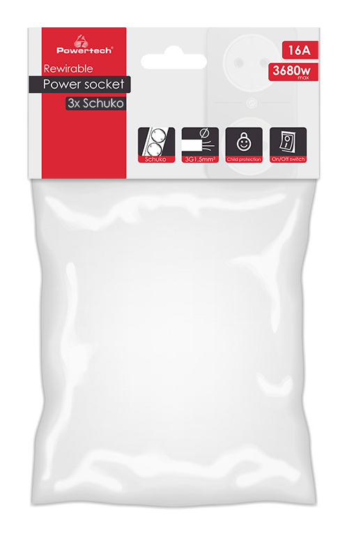 POWERTECH πολύπριζο PT-885, 3x schuko, 16A, χωρίς καλώδιο, λευκό - Image 2
