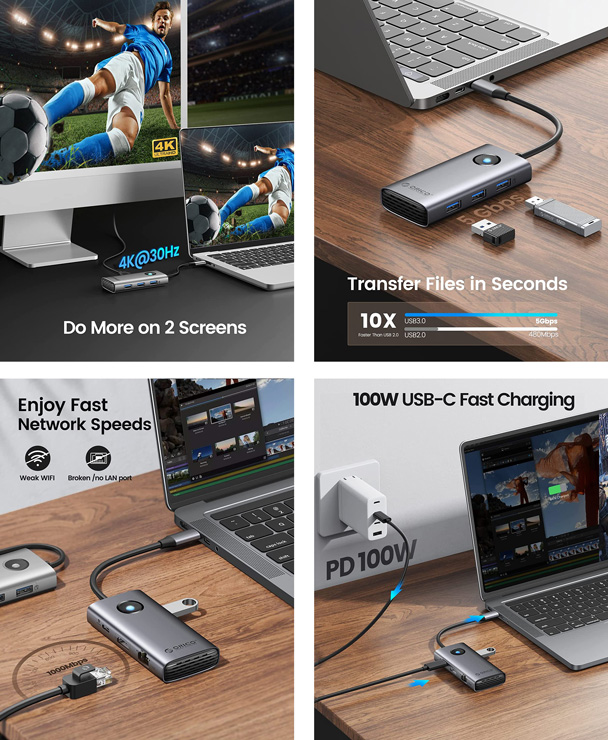 ORICO docking station PW11-6PR, 6 θυρών, USB-C σύνδεση, 100W PD 4K, γκρι - Image 2