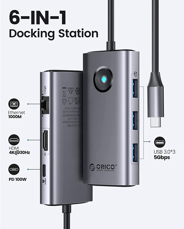 ORICO docking station PW11-6PR, 6 θυρών, USB-C σύνδεση, 100W PD 4K, γκρι - Image 3