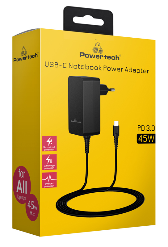 POWERTECH τροφοδοτικό laptop PT-1155, USB-C PD, universal, 45W, μαύρο - Image 2