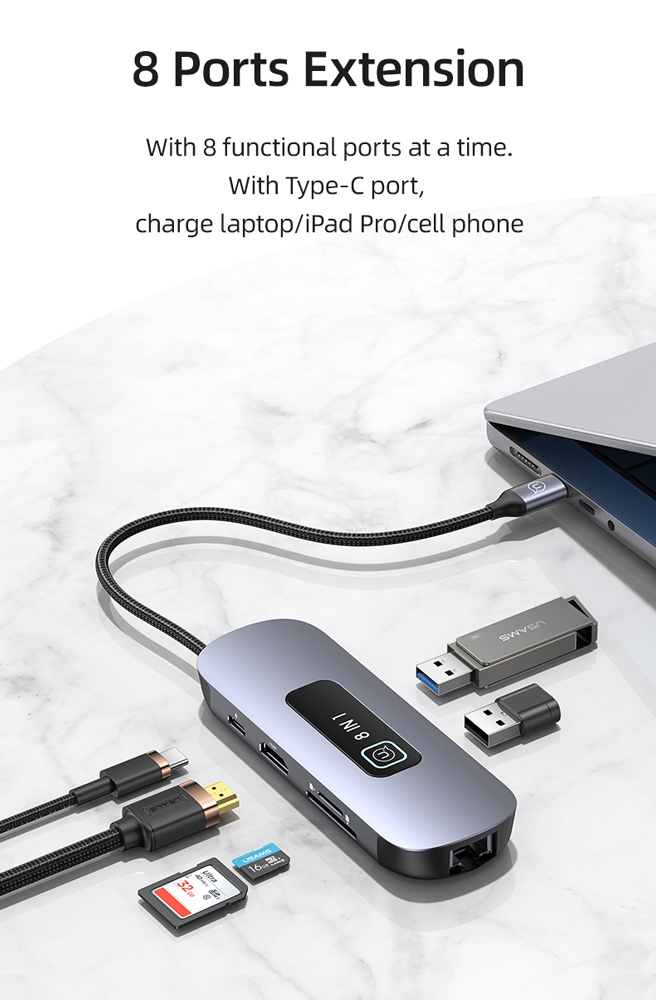 USAMS docking station US-SJ643, 8 θυρών, USB-C, 4K, 100W PD, LAN, γκρι - Image 2