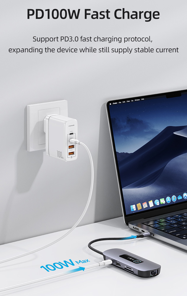 USAMS docking station US-SJ643, 8 θυρών, USB-C, 4K, 100W PD, LAN, γκρι - Image 4