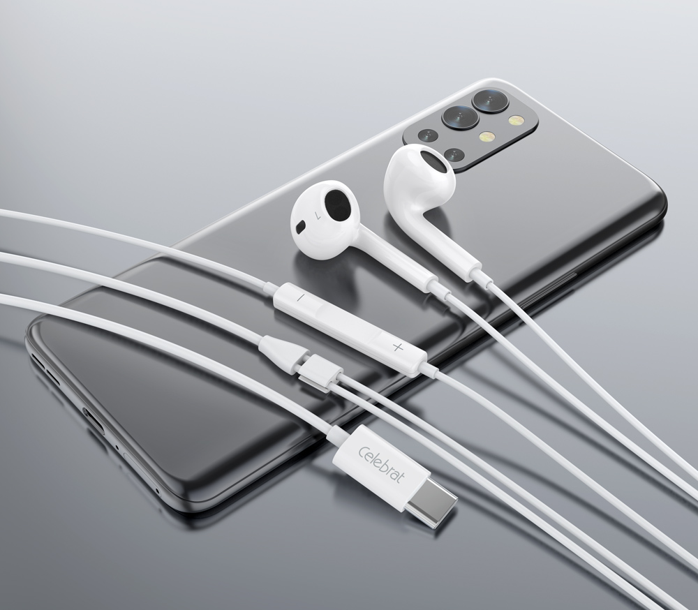 CELEBRAT earphones με μικρόφωνο E400, USB-C, 1.2m, λευκά - Image 2