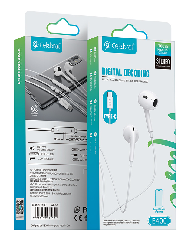CELEBRAT earphones με μικρόφωνο E400, USB-C, 1.2m, λευκά - Image 4