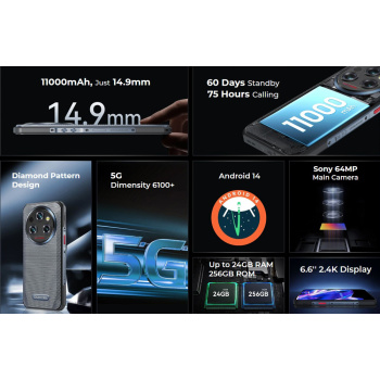 OUKITEL smartphone WP35 5G, 6.6″, 8/256GB, IP68/IP69K, 11000mAh, γκρι