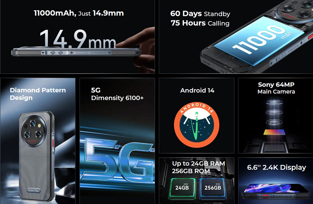 OUKITEL smartphone WP35 5G, 6.6", 8/256GB, IP68/IP69K, 11000mAh, γκρι - Image 2
