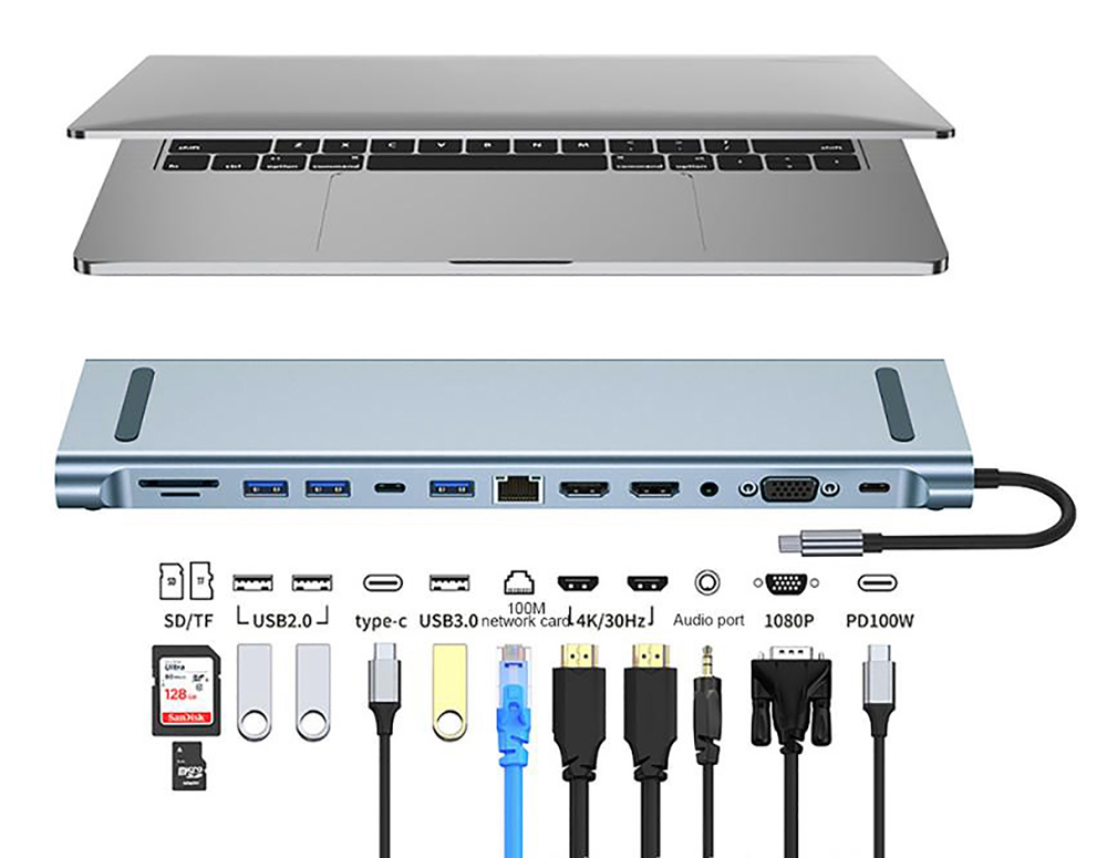 POWERTECH docking station BYL-2003U2, 12 θυρών, βάση laptop, USB-C, γκρι - Image 2