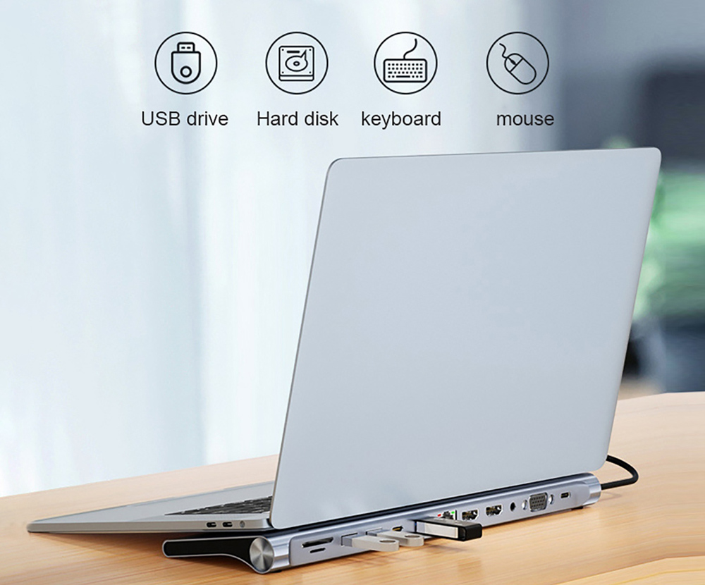 POWERTECH docking station BYL-2003U2, 12 θυρών, βάση laptop, USB-C, γκρι - Image 3