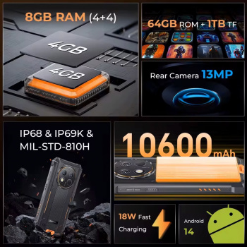OUKITEL smartphone WP28E, 6.52″, 4/64GB, IP68/IP69K, 10600mAh, μαύρο