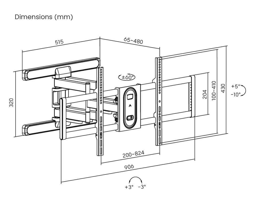 POWERTECH επιτοίχια βάση PT-1280 για τηλεόραση 43-100", full motion, 60kg - Image 3
