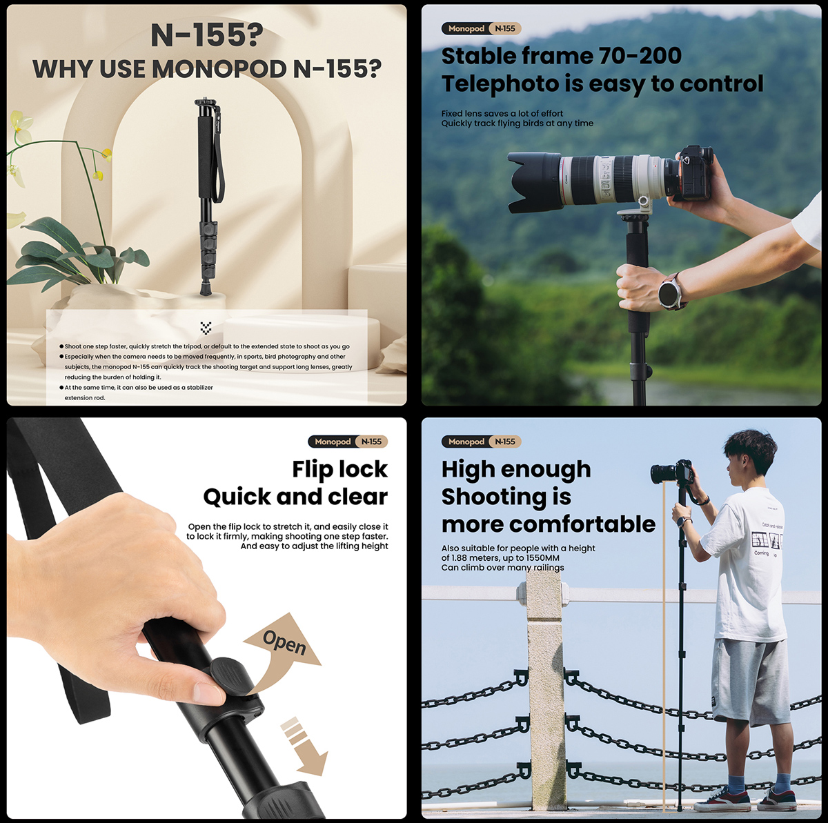 FOTOPRO μονόποδο φωτογράφισης N-155, πτυσσόμενο έως 155cm, έως 2kg, μαύρο - Image 4