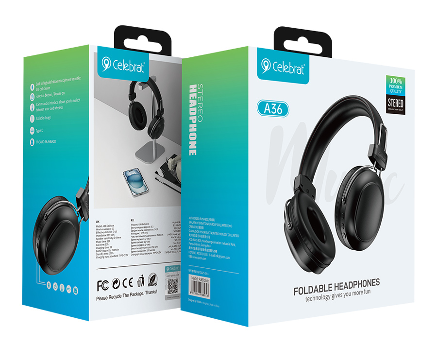 CELEBRAT headphones A36, ασύρματα & ενσύρματα, micro SD, 40mm, 250mAh, μαύρα - Image 5