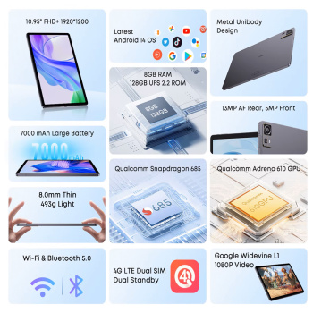 CHUWI tablet AuPad, 10.95″, 8/128GB, 4G, Android 14, 7000mAh, γκρι