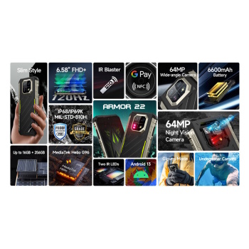 ULEFONE smartphone Armor 22, 6.58″, 8/256GB, 6600mAh, IP68/IP69K, μαύρο