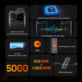UNIWA smartphone W999, 6.3″, 8/128GB , ηχείο 2W, Atex Zone 2, IP68, μαύρο