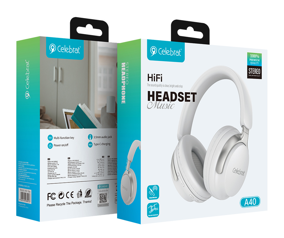 CELEBRAT headphones A40, ασύρματα & ενσύρματα, 40mm, 250mAh, λευκά - Image 4