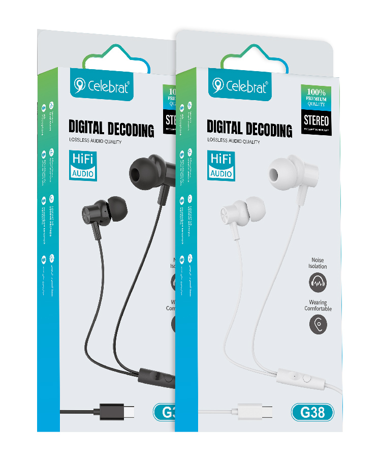 CELEBRAT earphones με μικρόφωνο G38, USB-C σύνδεση, 10mm, 1.2m, λευκά - Image 5