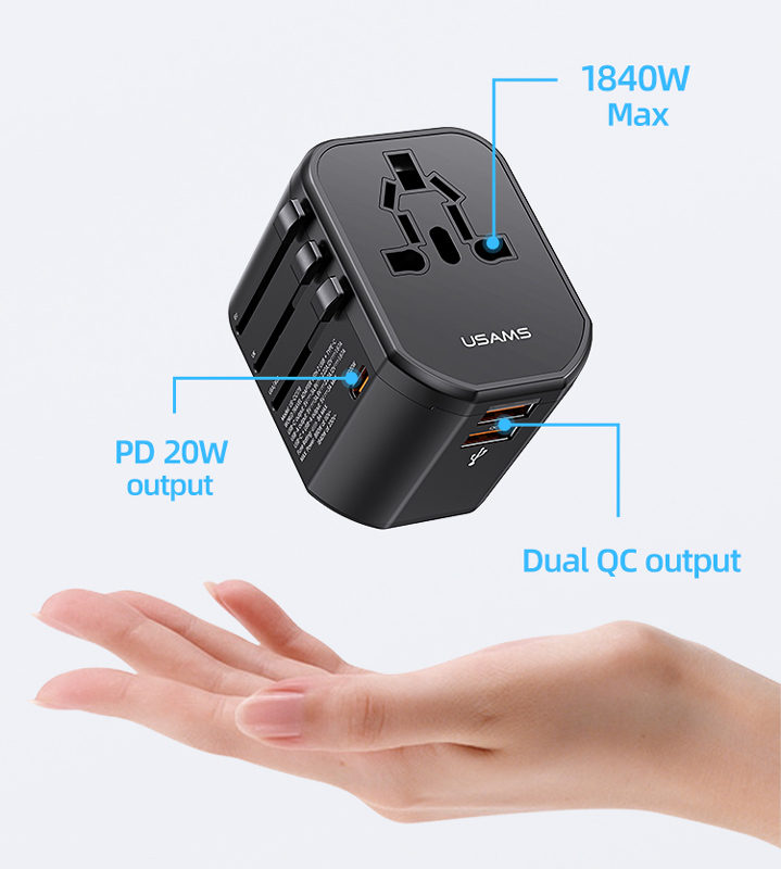 USAMS φορτιστής/αντάπτορας πρίζας US-CC179, USB-C & 2x USB, universal, 20W, μαύρος - Image 3