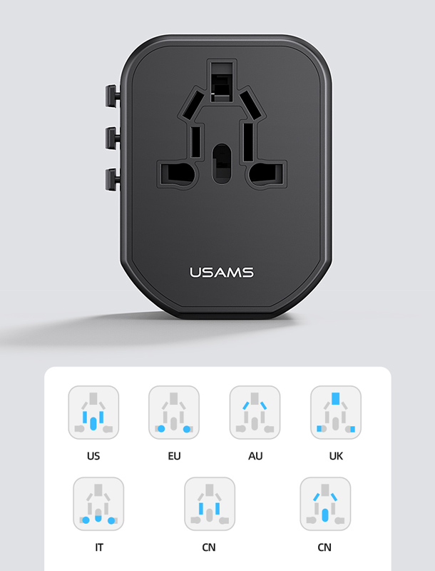 USAMS φορτιστής/αντάπτορας πρίζας US-CC179, USB-C & 2x USB, universal, 20W, μαύρος - Image 4