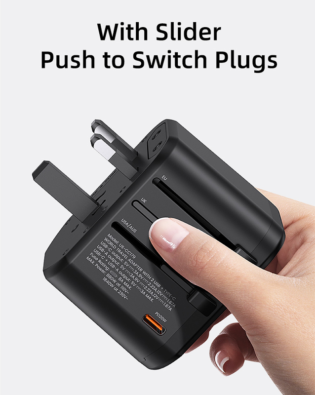 USAMS φορτιστής/αντάπτορας πρίζας US-CC179, USB-C & 2x USB, universal, 20W, μαύρος - Image 5