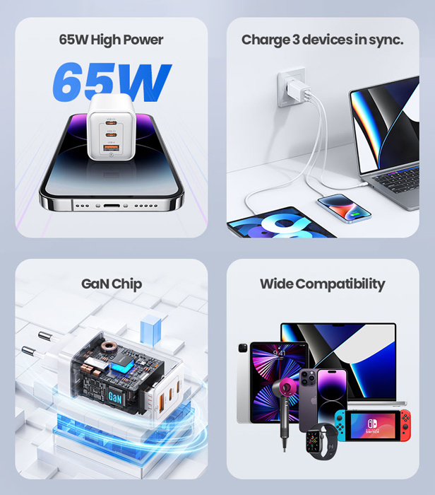 USAMS φορτιστής τοίχου US-CC180, USB & 2x USB-C, 65W PD, GaN, μαύρος - Image 3
