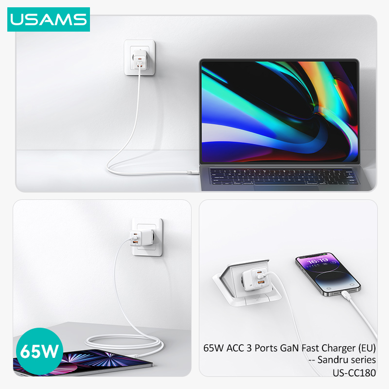 USAMS φορτιστής τοίχου US-CC180, USB & 2x USB-C, 65W PD, GaN, μαύρος - Image 5