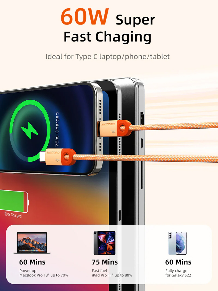 CABLETIME καλώδιο USB-C CT-CM60-PBW, 60W PD, 480Mbps, 1m, μαύρο - Image 2
